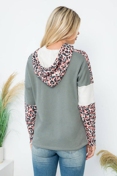 Olive Pink leopard contrast hoodie top