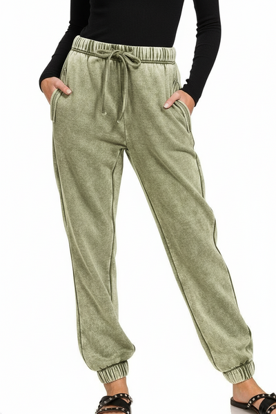 Light Olive Acid Wash Fleece Sweatpants With Pockets