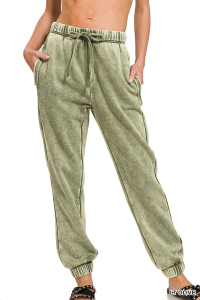 Light Olive Acid Wash Fleece Sweatpants With Pockets