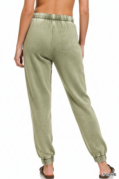 Light Olive Acid Wash Fleece Sweatpants With Pockets