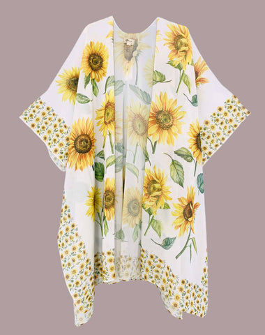 White Sunflowers Border Accent Kimono