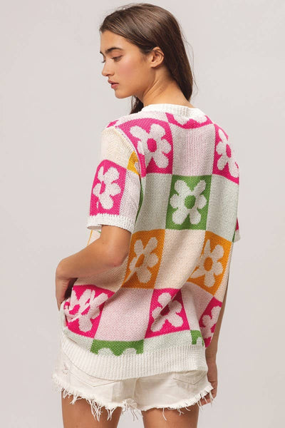 Flower Checker Pattern Lightweight Sweater Top