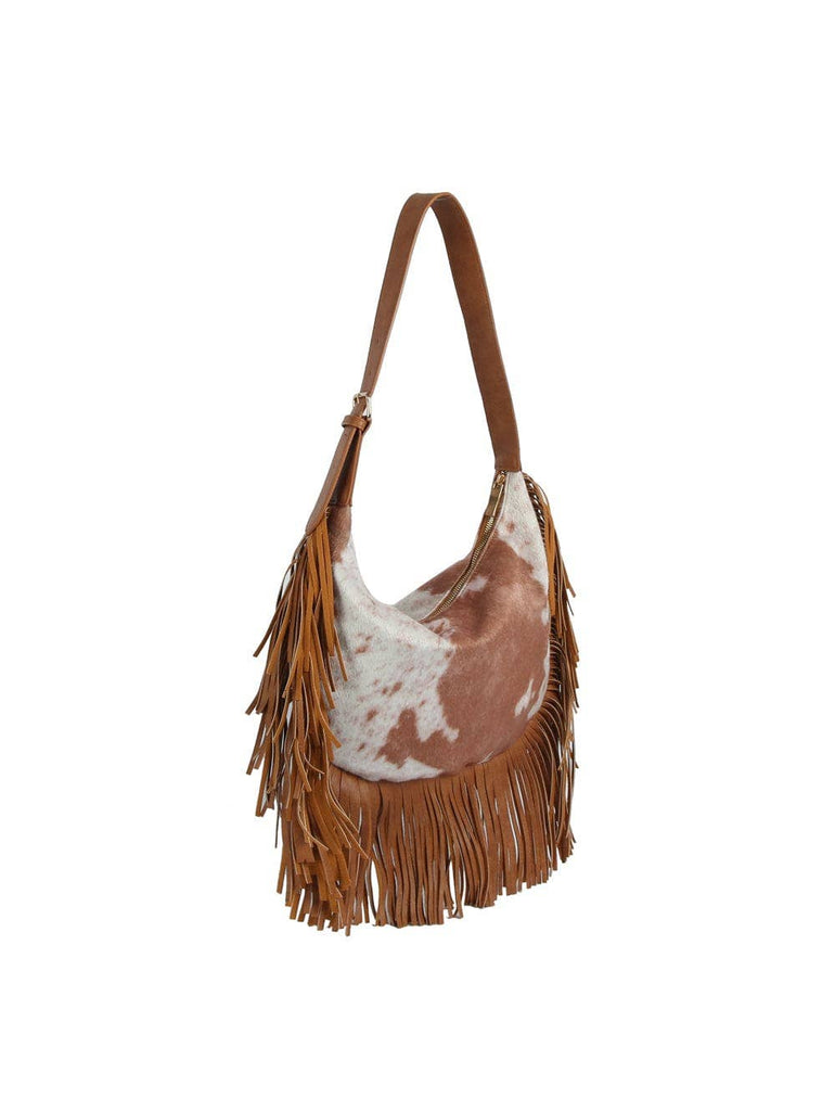 Brown Faux Suede Cow Print Fringe Hobo Bag