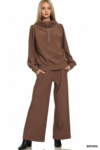 Brown Zenana Half Zip Top And Pants Set