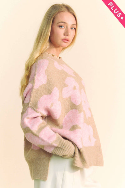 Beige Pink Floral Sweater Plus