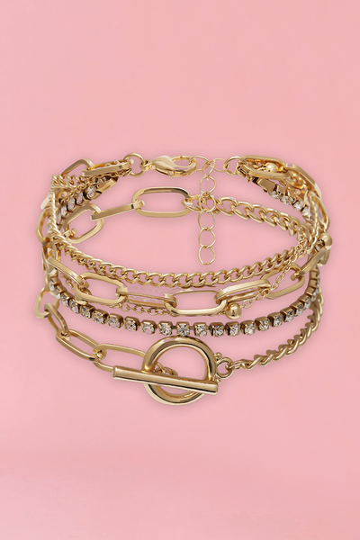Gold Multi Layered Rhinestone Chain Bracelet Set