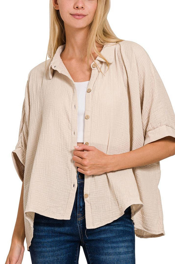 Sand Beige Double Gauze Button Up Shirt