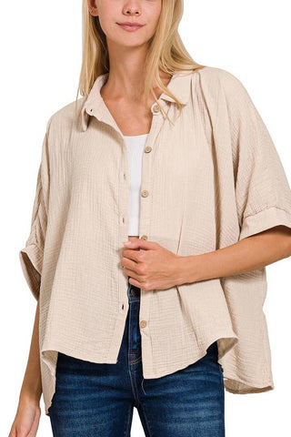 Sand Beige Double Gauze Button Up Shirt