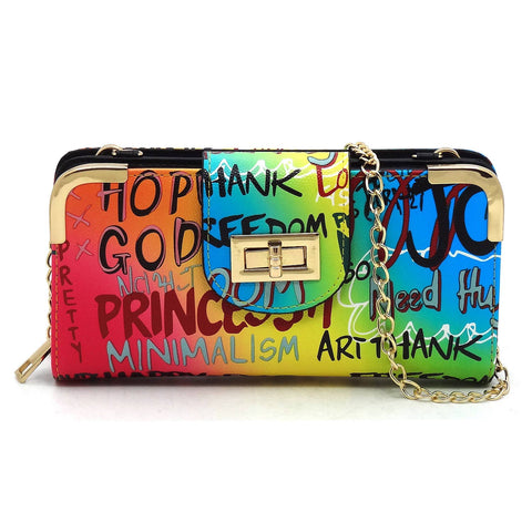 Fuchsia Blue Multi Graffiti Crossbody Wallet
