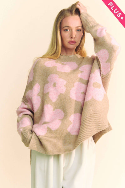 Beige Pink Floral Sweater Plus