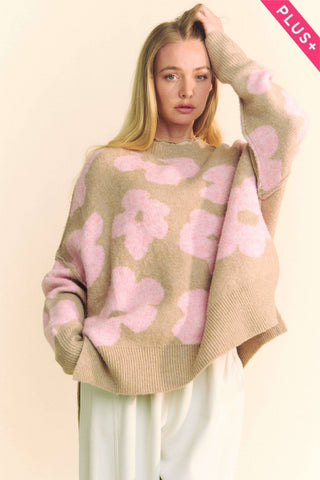Beige Pink Floral Sweater Plus