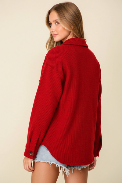 Dark Red Brushed Waffle Shacket