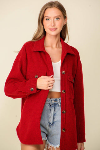 Dark Red Brushed Waffle Shacket