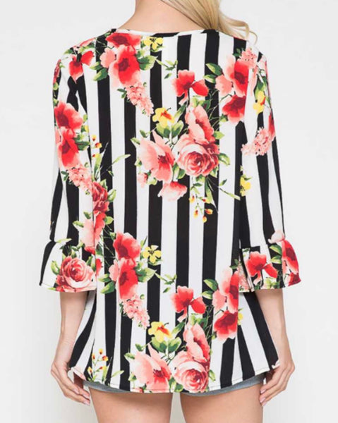 Black stripe floral print top