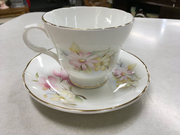 Crown Trent Staffordshire China teacup saucer yellow pink flower