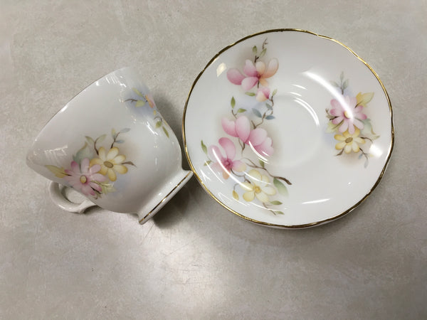 Crown Trent Staffordshire China teacup saucer yellow pink flower