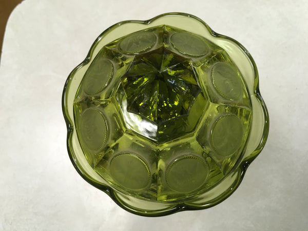Olive Green Coin glass compote candy dish Vintage