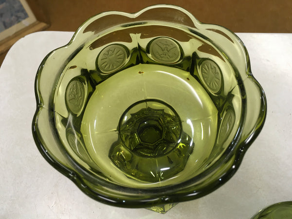 Olive Green Coin glass compote candy dish Vintage