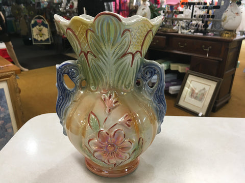 Vintage Lusterware floral handpainted double handle vase