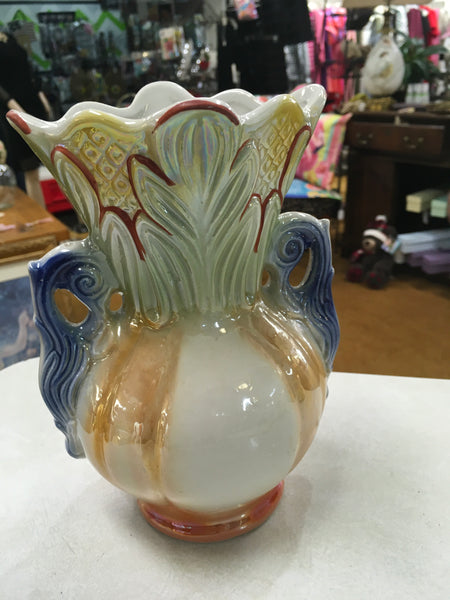 Vintage Lusterware floral handpainted double handle vase