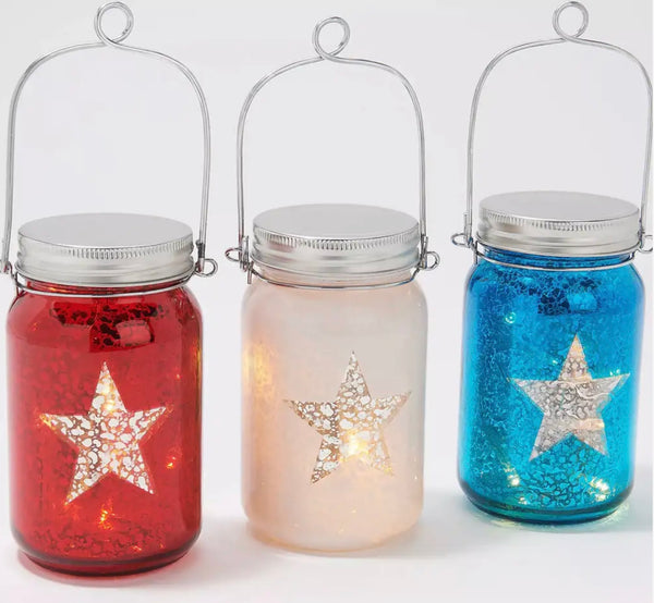 White Mason Jar W/String Lights, Americana