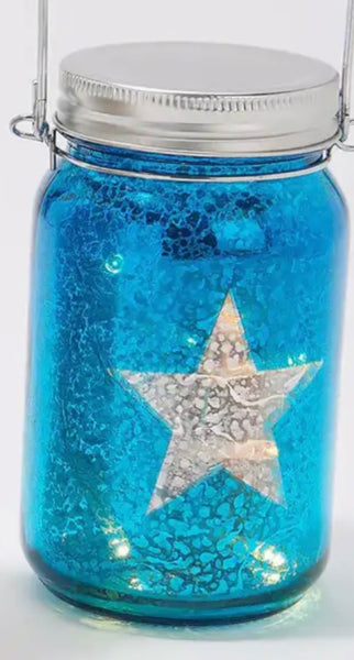 Blue Mason Jar W/String Lights, Americana