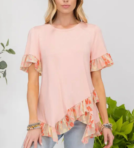 Peach Animal Print Ruffle Top Plus