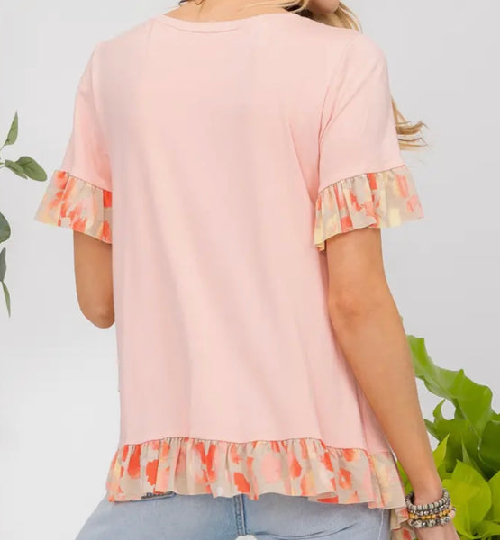 Peach Animal Print Ruffle Top Plus