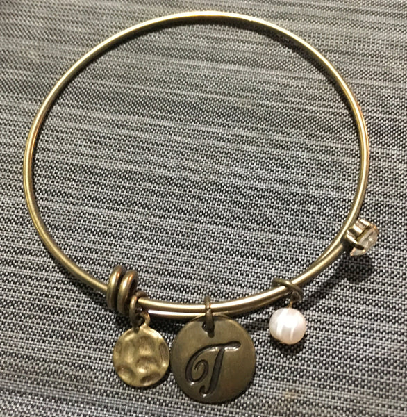 T initial Bracelet silver or antique gold