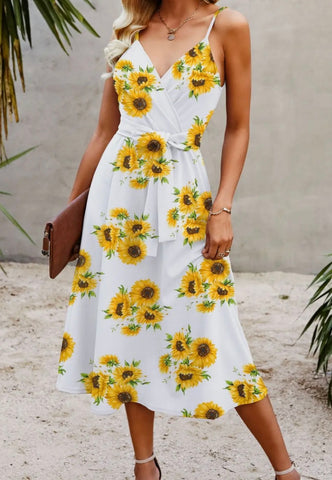 Sunflower Print Faux Wrap Midi Dress