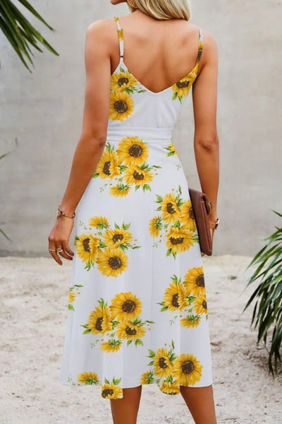 Sunflower Print Faux Wrap Midi Dress