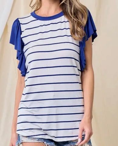 Blue stripe ruffle sleeve top Plus
