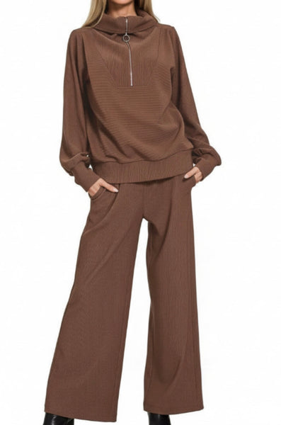 Brown Zenana Half Zip Top And Pants Set