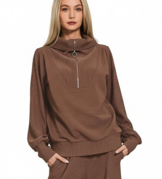 Brown Zenana Half Zip Top And Pants Set