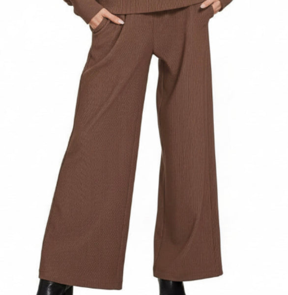 Brown Zenana Half Zip Top And Pants Set