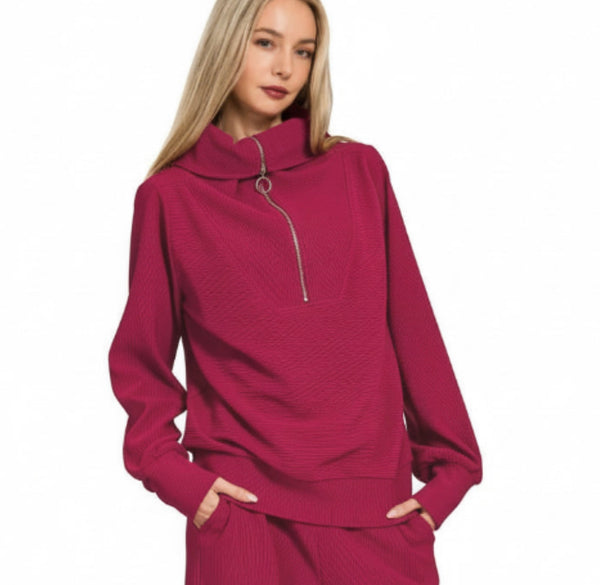 Red Cabernet Half Zip Zenana Top And Pants Set