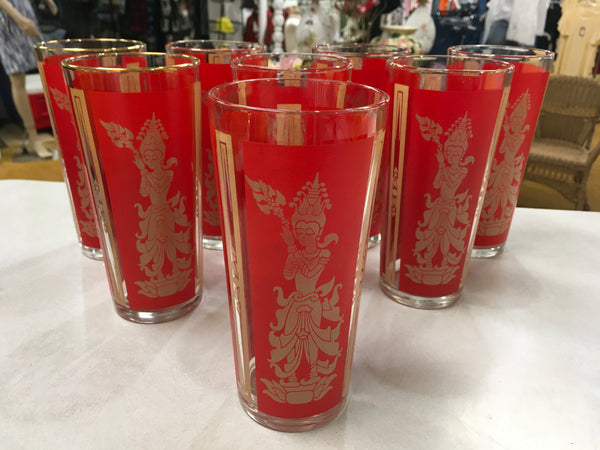 Mid Century Goddess red gold highball 8 tumblers