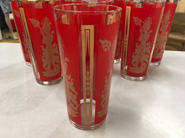 Mid Century Goddess red gold highball 8 tumblers