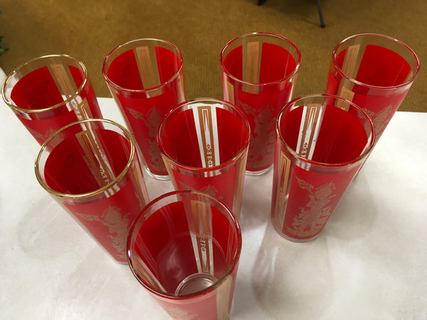 Mid Century Goddess red gold highball 8 tumblers