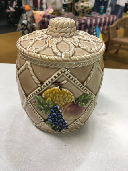 Basket weave fruit design ceramic biscuit cookie jar
