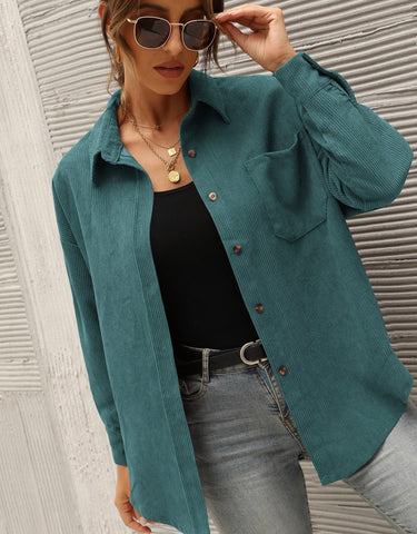 Green Teal Oversized Corduroy Button Shirt