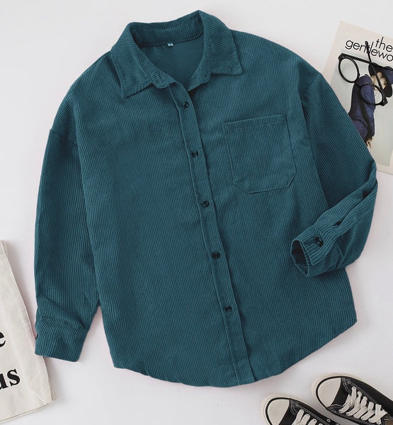 Green Teal Oversized Corduroy Button Shirt