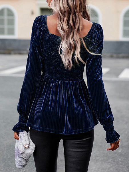 Navy Velvet Ribbed Peplum Top