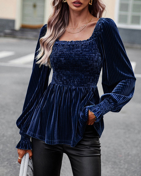 Navy Velvet Ribbed Peplum Top