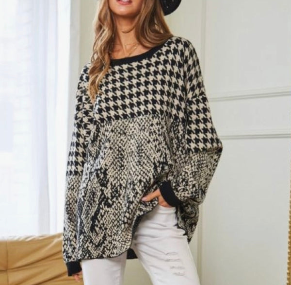 Houndstooth Animal Print Oversize Sweater Top Plus