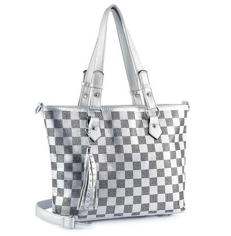 Rhinestone silver Checkerboard Tote Handbag