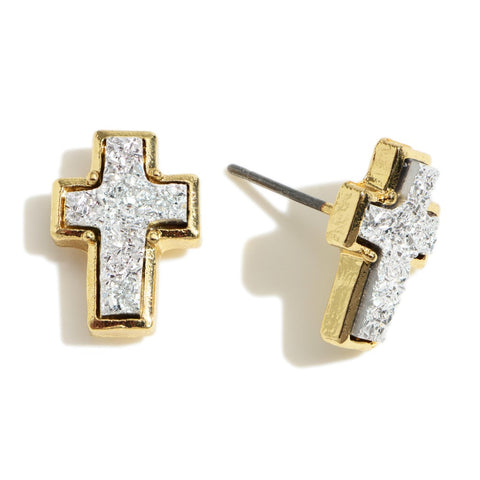 Cross Silver druzy earrings