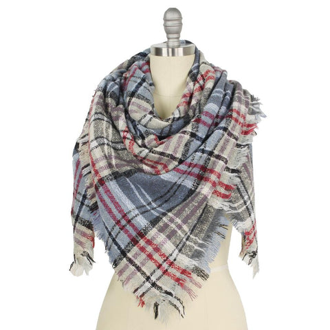 Gray blue red plaid blanket scarf