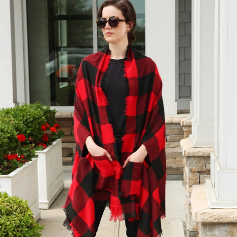 Black red Buffalo plaid Shaw ruana