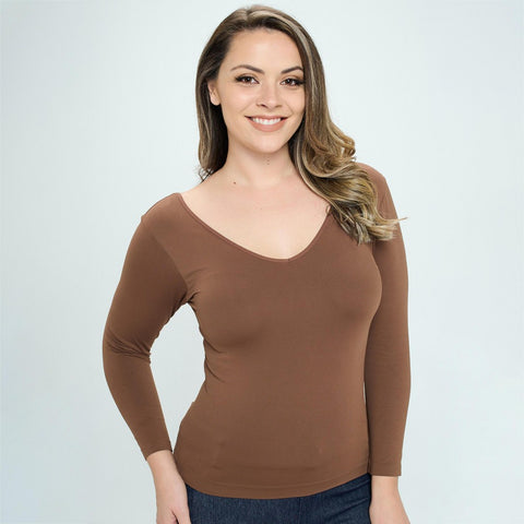 Coffee Brown V-neck compression top Plus